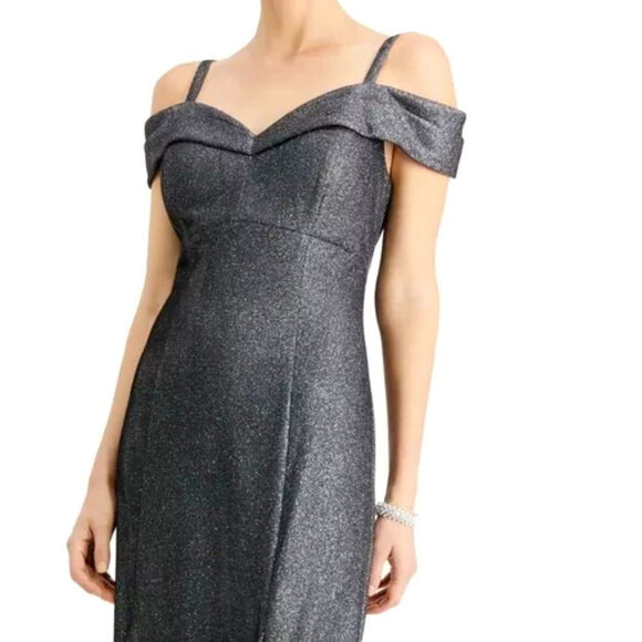 Women’s Formal Dress Sizes 6, 16 R&M Richards Gown Gray Metallic Cold Shoulder - Picture 3 of 6